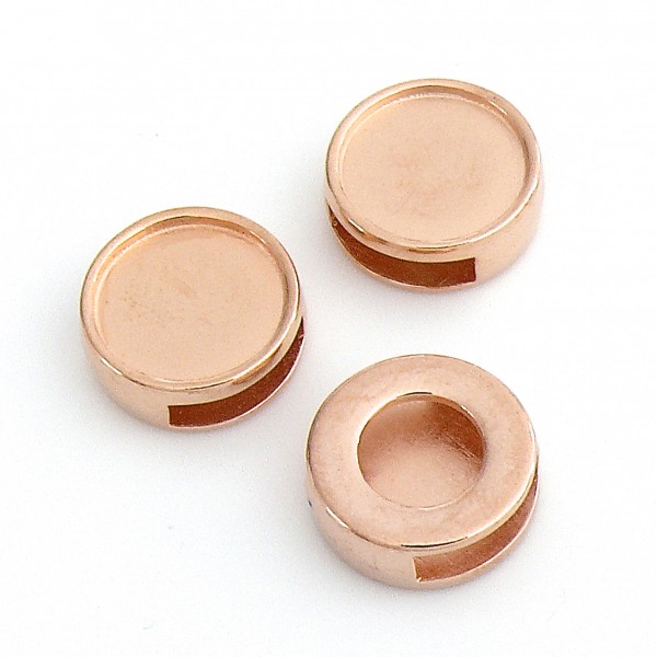 Schuifkraal rond - 10mm breed leer, cabochon 12mm, Rose Goud