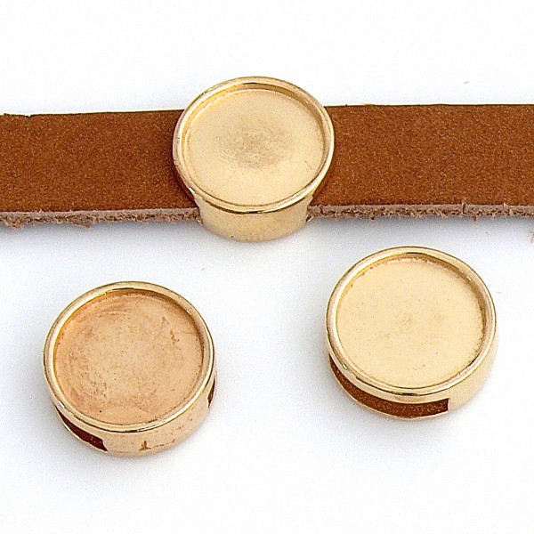 DQ Schuifkraal rond - 10mm breed leer, cabochon 12mm, Goud
