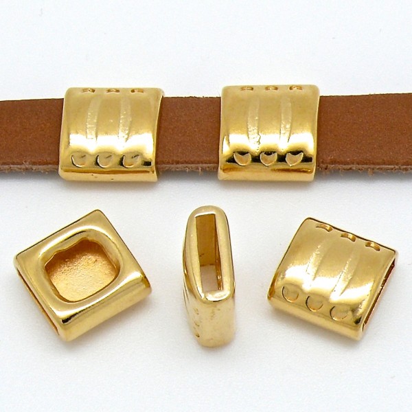 Schuifkraal vierkant met strepen 10mm breed leer, 14x14mm, Goud