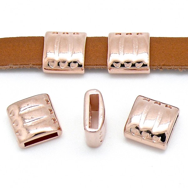 Schuifkraal vierkant met strepen, 14x14mm, Rose goud