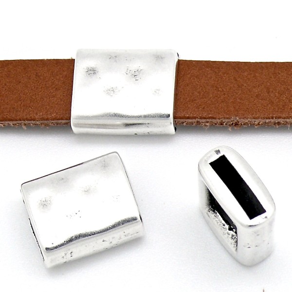 Schuifkraal rechthoek hamerslag - 10mm breed leer, Antiek Zilver
