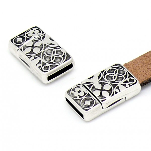 Magneetsluiting met patronen, gat 2x10mm, Antiek zilver
