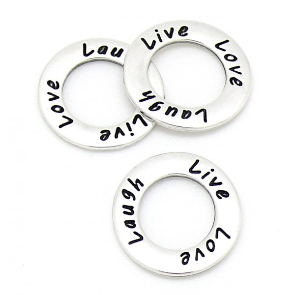 DQ ring met tekst 'Live, Love, Laugh', maat 20mm, antiek zilver