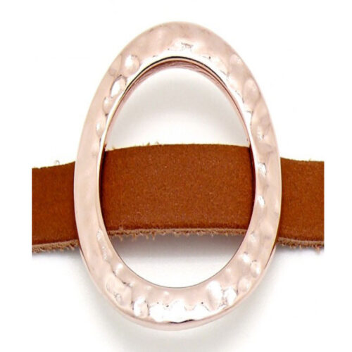 Schuifkraal ovaal Hamerslag - 10mm breed leer, DQ Rose Goud