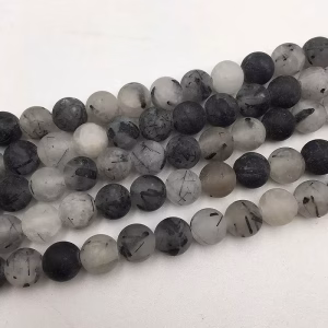 Black Rutilated Quartz Frosted, 8 mm